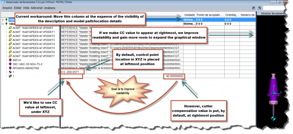 Move cutter compensation value to leftmost position in Tool Manager