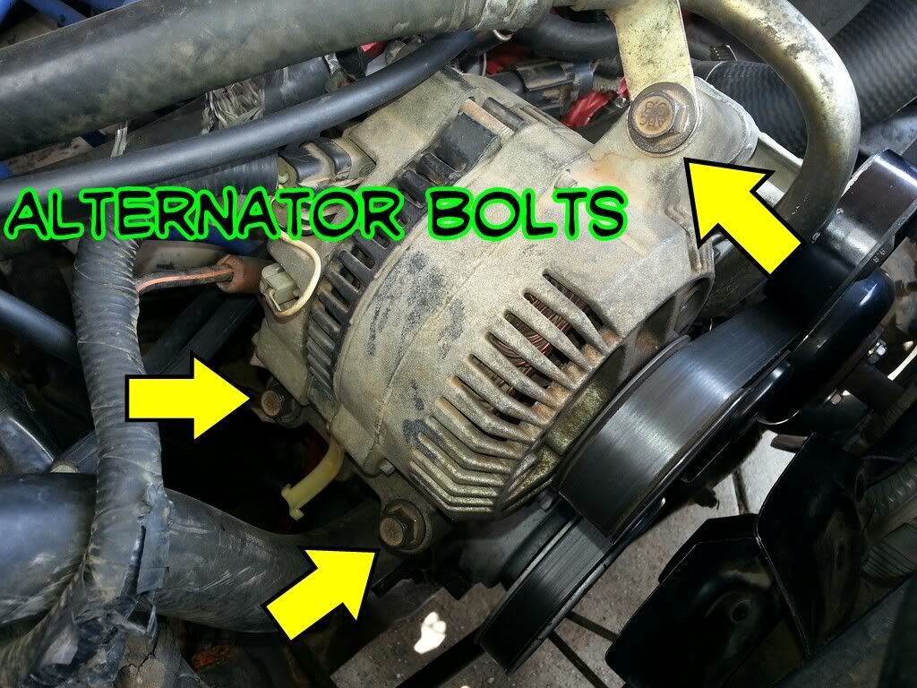 The three bolts pictured are 1/2". Remove the three bolts and set the alternator aside. You do not need to disconnect the alternator.