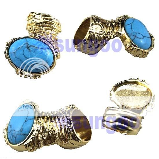   Oval Turquoise Chunky Armor Cross Cage Knuckle Cocktail Ring Gold Tone